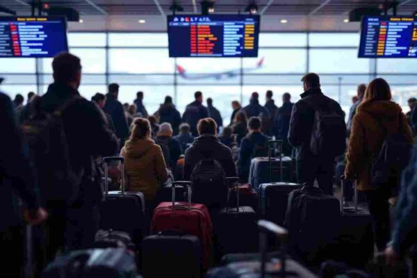 Passengers boarding a Delta flight during a tech outage